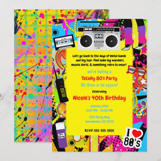 Invitation 80's 1980s Yellow Retro thème Anniversaire fête (Devant / Derrière)