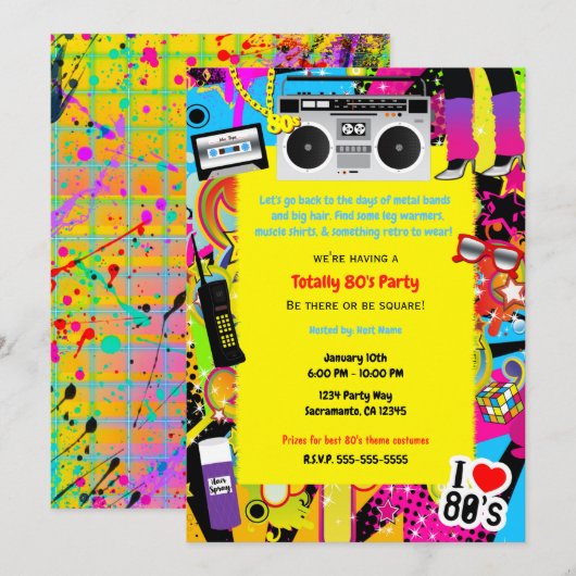 Invitation 80's 1980s Yellow Retro thème Anniversaire fête (Devant / Derrière)