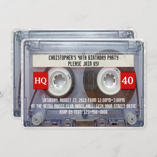 Invitation 80s Cassette Mixtape 40e fête d'anniversaire (Devant / Derrière)