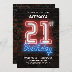 Invitation 80s Retro Fun Neon Signal 21e Anniversaire personn
