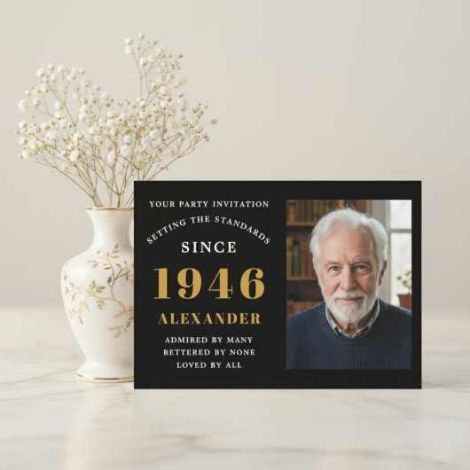 Invitation 80th Birthday 1946 Black Gold Personalized Photo