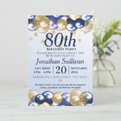 Invitation 80th Birthday Navy Gold Balloons Party (Debout devant)