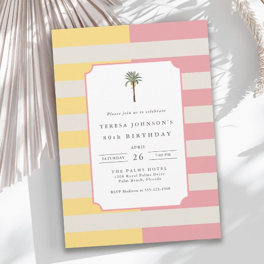 Invitation 80th Birthday Palm Beach Pastel Stripe Tropical