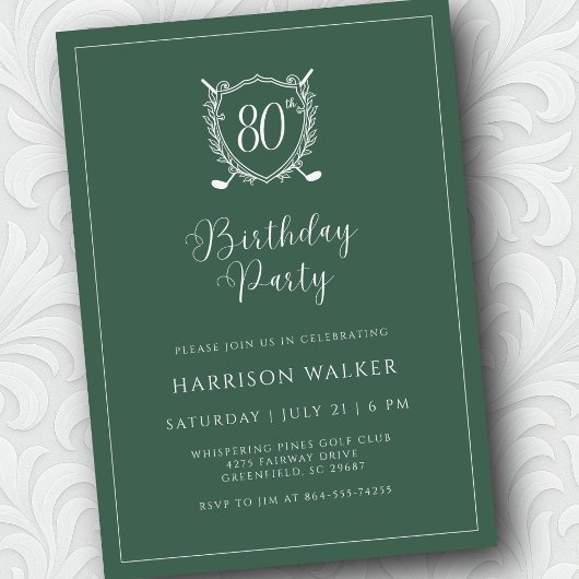 Invitation 80th Birthday Party Golf Crest Elegant Script Sage