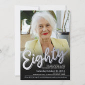Invitation 80th Birthday photo silver eighty script party (Devant)