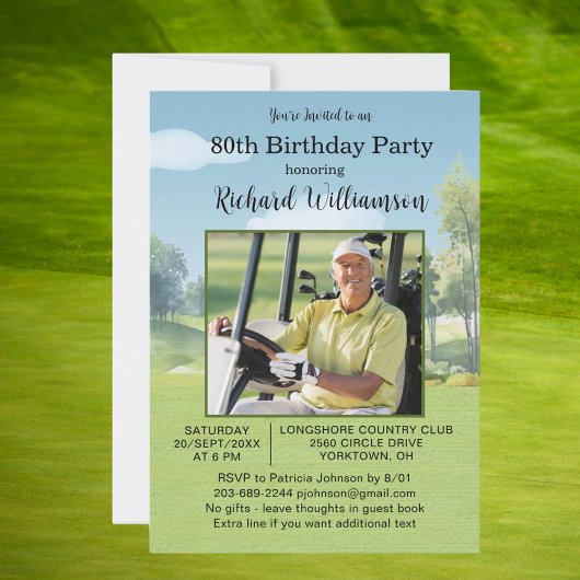 Invitation 80th Birthday Photo Watercolor Golf Theme