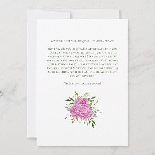 Invitation 80th Birthday Pink Hydrangeas Card Request (Dos)