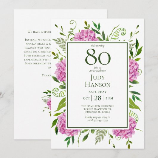 Invitation 80th Birthday Pink Hydrangeas Card Request  (Devant / Derrière)