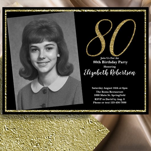 Invitation 80th Custom Photo Black and Gold 
