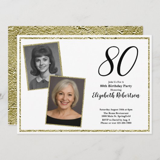 Invitation 80th Custom Photo White and Gold  (Devant / Derrière)