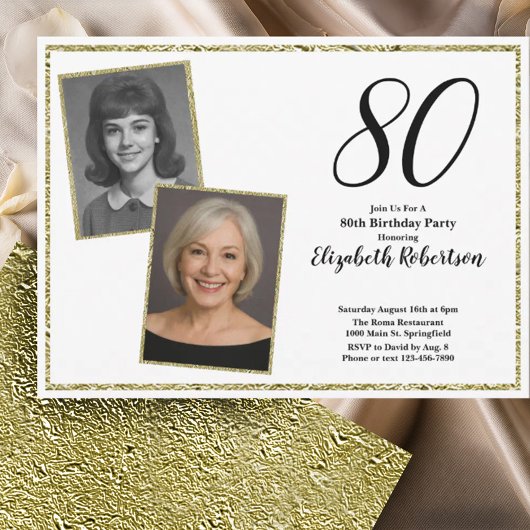 Invitation 80th Custom Photo White and Gold