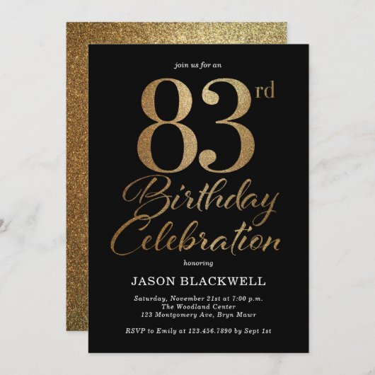 Invitation 83e fête d'anniversaire Noir & Or (Devant / Derrière)