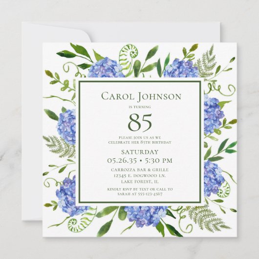 Invitation 85e anniversaire Blue Hydrangeas (Devant)