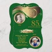 Invitation 85e, Anniversaire Femme âge, art déco, or vert (Devant / Derrière)