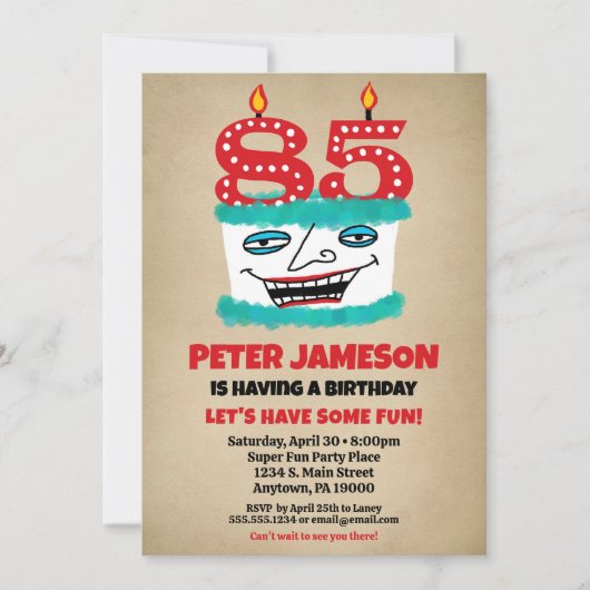 Invitation 85e anniversaire Funny Cake Mens Décont (Devant)