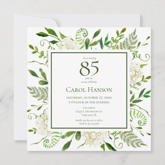 Invitation 85e anniversaire Hydrangeas blanches (Devant)