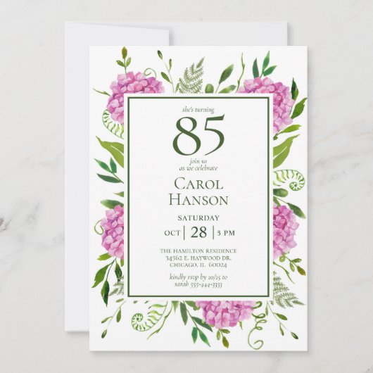 Invitation 85e anniversaire Hydrangeas roses (Devant)