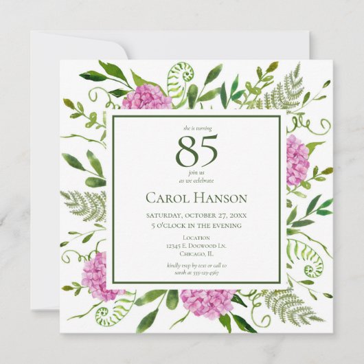 Invitation 85e anniversaire Hydrangeas roses (Devant)