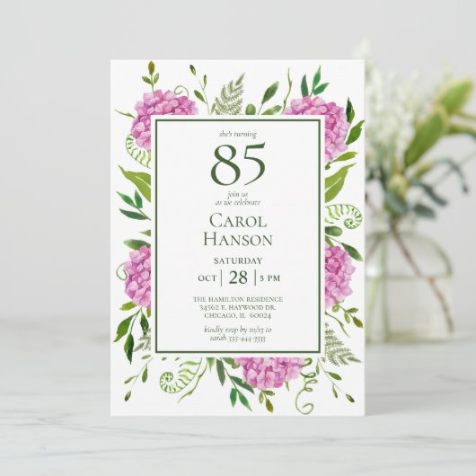 Invitation 85e anniversaire Hydrangeas roses (Debout devant)