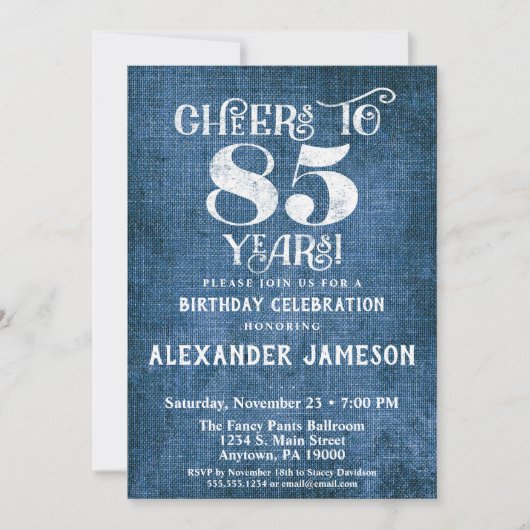 Invitation 85e Anniversaire Lin Bleu Bravo rustiqu (Devant)