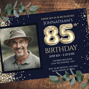 Invitation 85e anniversaire Parties scintillant d'or Bleu pho