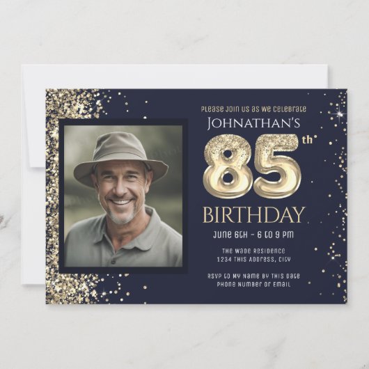 Invitation 85e anniversaire Parties scintillant d'or Bleu pho (Devant)
