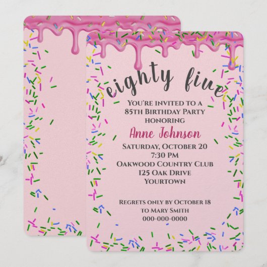 Invitation 85e Anniversaire Pink Icing Et Sprinkles (Devant / Derrière)
