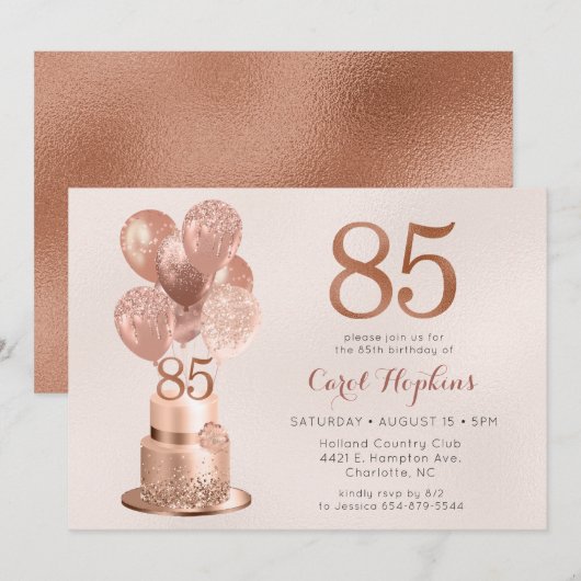 Invitation 85e anniversaire Rose Gold Cake (Devant / Derrière)
