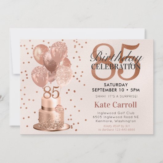 Invitation 85e anniversaire Rose Gold Cake Surprise Party (Devant)