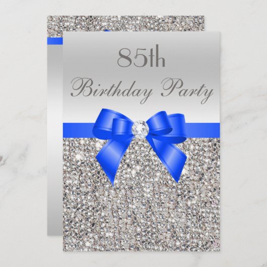 Invitation 85e anniversaire Séquin d'argent Royal Blue Bow Di (Devant / Derrière)