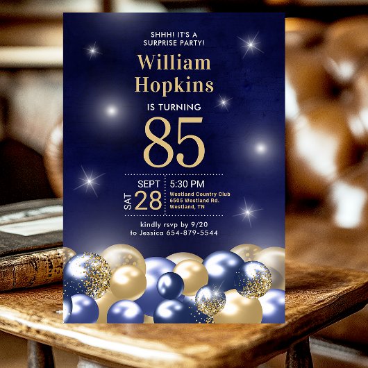 Invitation 85e anniversaire Surprise Marine Bleu Ballons d'or