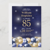 Invitation 85e anniversaire Surprise Marine Bleu Ballons d'or (Devant)