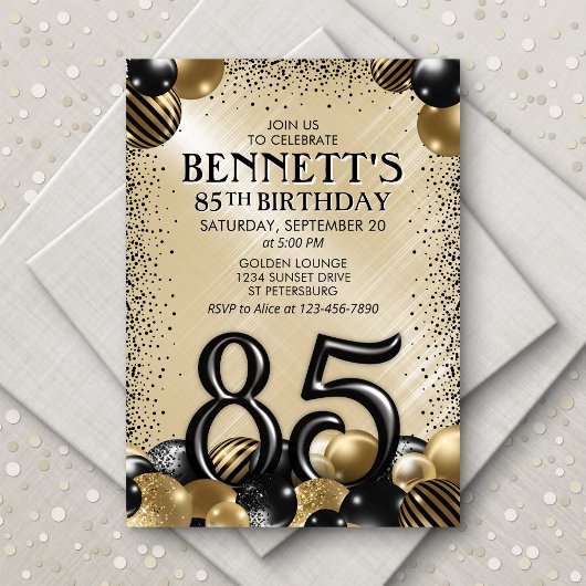 Invitation 85e Ballons Black Gold Anniversaire