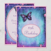 Invitation 85e Faux Pailletage, Papillon, Roses & Dentelle (Devant / Derrière)