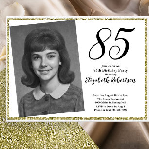 Invitation 85e photo personnalisé Anniversaire blanc et or