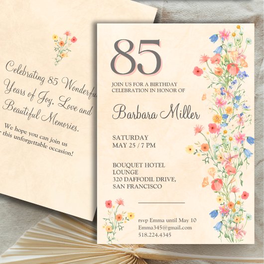 Invitation 85th Birthday Invite - Floral Wildflowers Elegant