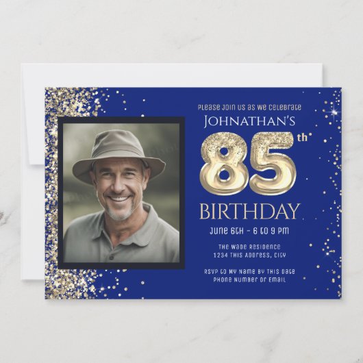 Invitation 85th Birthday Party Gold Glitter Blue Photo Invita (Devant)
