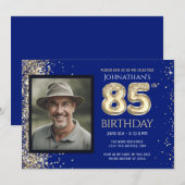 Invitation 85th Birthday Party Gold Glitter Blue Photo Invita (Devant / Derrière)
