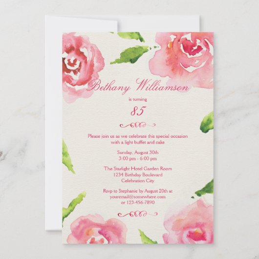 Invitation 85th Roses chics d'aquarelle d'anniversaire (Dos)