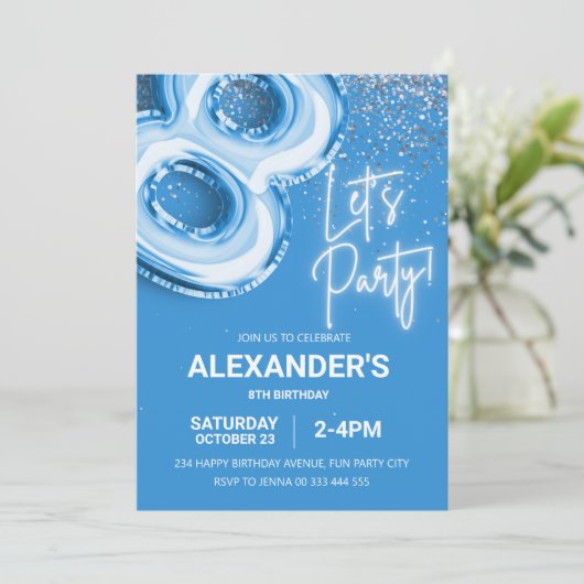 Invitation 8 Anniversaire Balloon Boy Blue Neon (Debout devant)