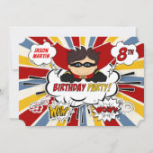 Invitation 8 Anniversaire de fête garçons Superhero Red Comic (Devant)