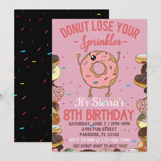 Invitation 8 Anniversaire Donut Perdre tes arroses Filles (Devant / Derrière)