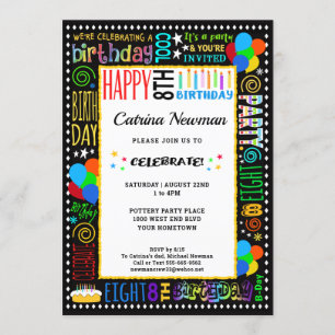 Invitation 8 Anniversaire Fun Couleur Crazy Texte sur Black P