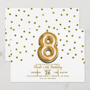 Invitation 8 Huit Ballon Confetti Doré 8ème Anniversaire Fête