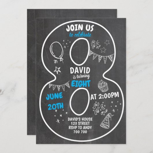 Invitation 8e anniversaire Boy Chalkboard Numéro Bleu (Devant / Derrière)