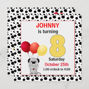 Invitation 8e anniversaire de l'enfant Dalmatie rouge et jaun