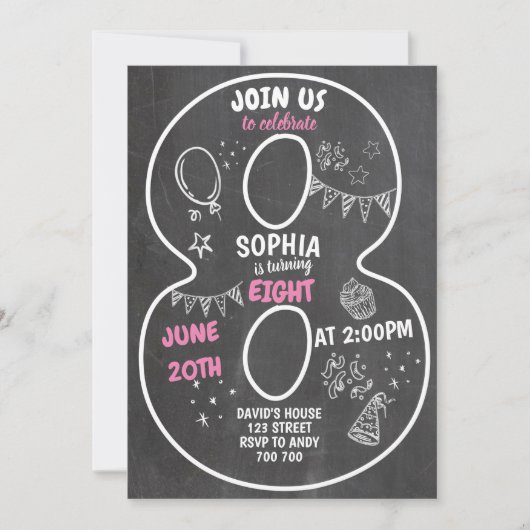 Invitation 8e anniversaire Girl Chalkboard Numéro rose (Devant)
