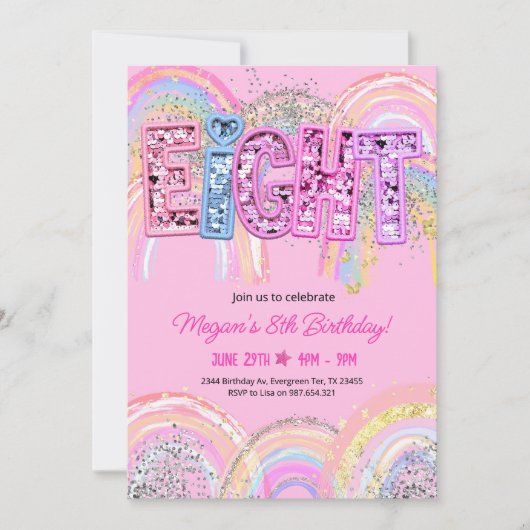 Invitation 8e anniversaire Girl Editable Rainbow S (Devant)