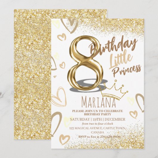 Invitation 8e anniversaire Heard Gold Glitter Glamour Party (Devant / Derrière)