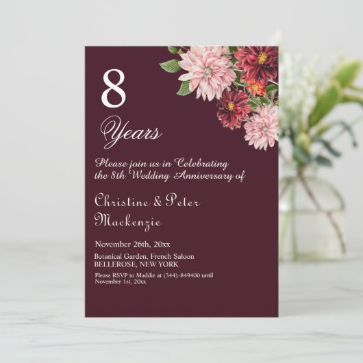 Invitation 8e anniversaire Mariage de bronze Bourgogne Floral (Debout devant)